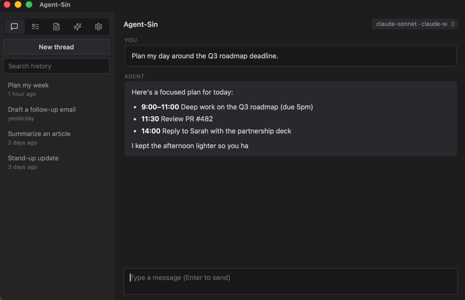 Agent-Sin chat screen